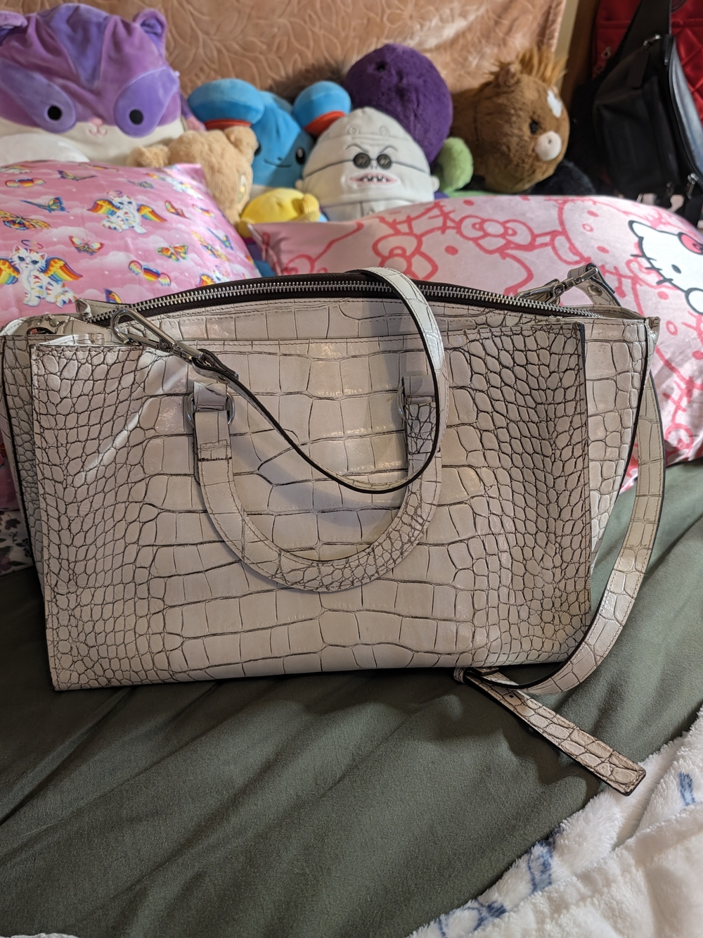 CLAUDIA FIRENZE Italy Cream White Croc Embossed Leather Shoulder Bag Tote GUC